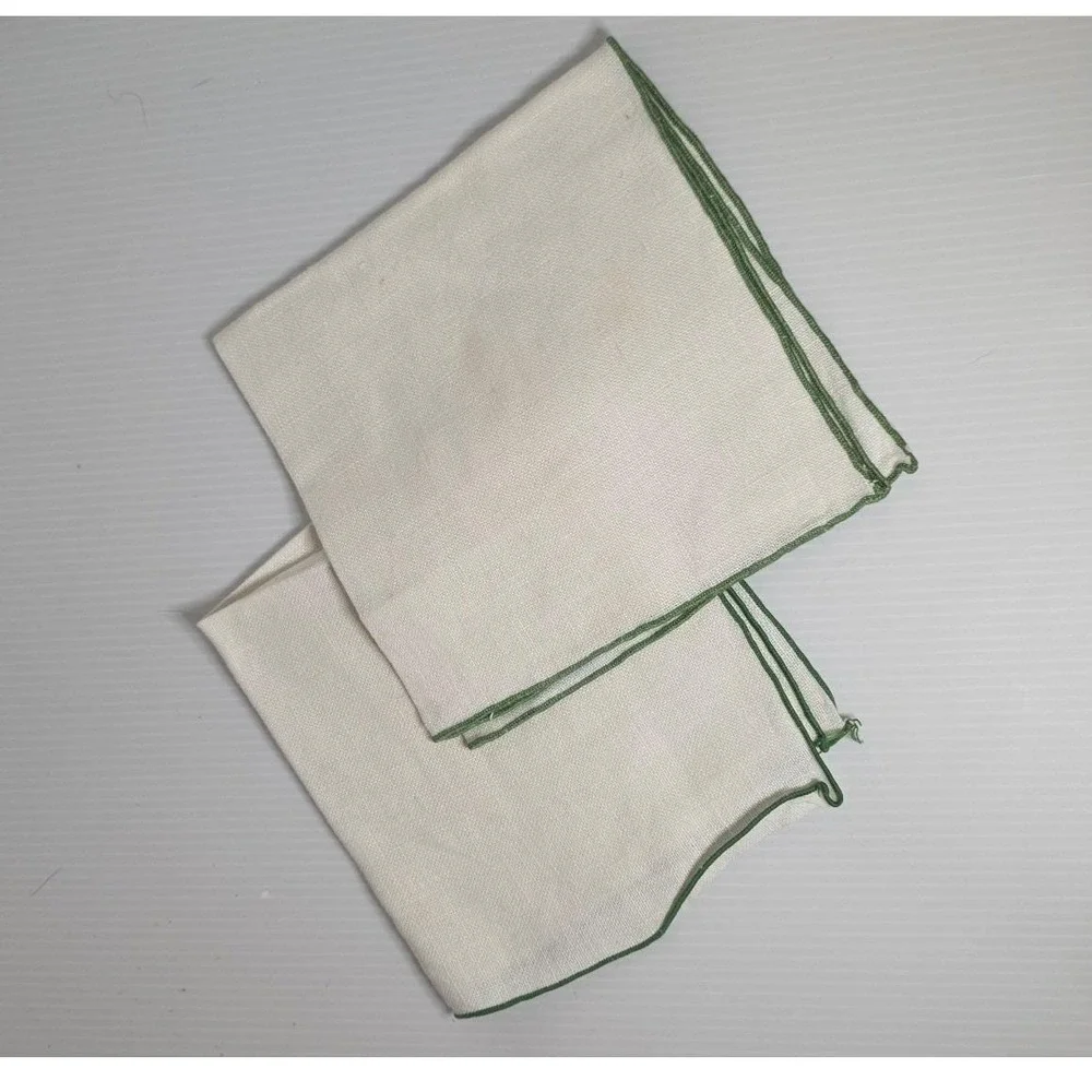 Vintage Linen Napkins Set‎ of 2 Green Trimmed Hand Sewn Square Napkins